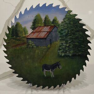 Vintage Folk Art Hand-Painted 9" Circular Saw Blade with Donkey & Old Barn